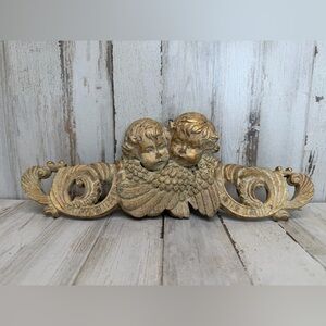VTG Double Angel Cherub Stand Stake Decor Distressed Gold Paint Angel Chalkware